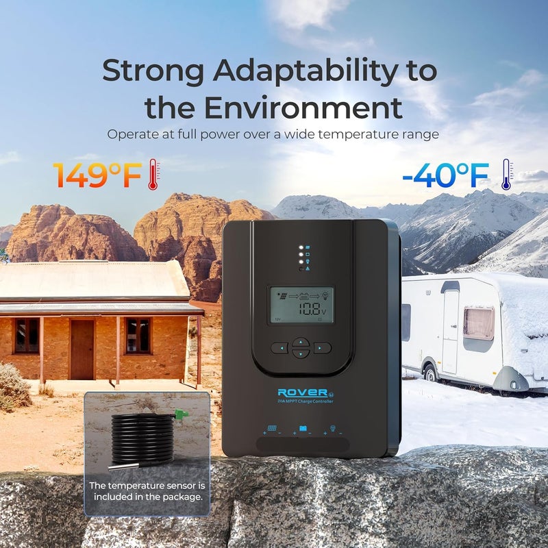 Renogy وحدة تحكم شحن Rover 12V/24V 20A مع MPPT - وحدة تحكم شمسية بمدخل DC للسيارات/البحرية، شاشة LCD قابلة للتعديل تلقائيًا، منظم لوحات شمسية مناسب لبطاريات الجل المغلقة والمغمورة والليثيوم - Image 3
